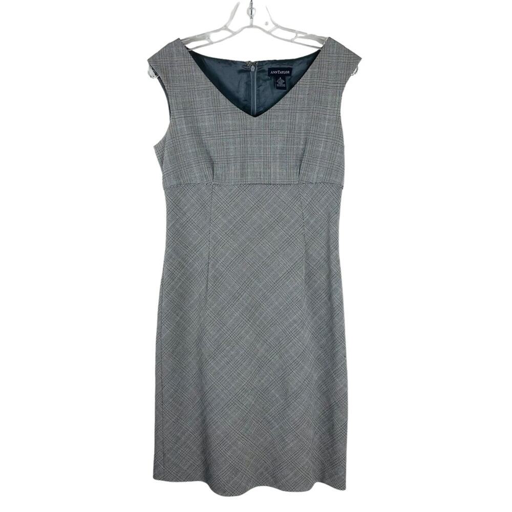Ann Taylor grey blue wool plaid preppy light academia midi dress 4